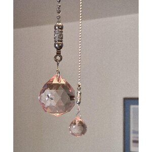 Soft Pink Crystal Lamp and Fan Pull, Silver Chain, Retro Set of 2